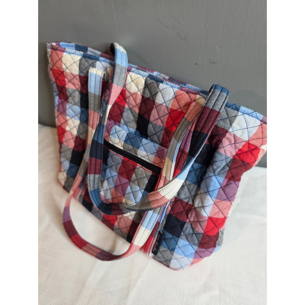 Vera Bradley Quilted Cotton Tote Bag Red Blue White Plaid Zipper Shoulder Bag